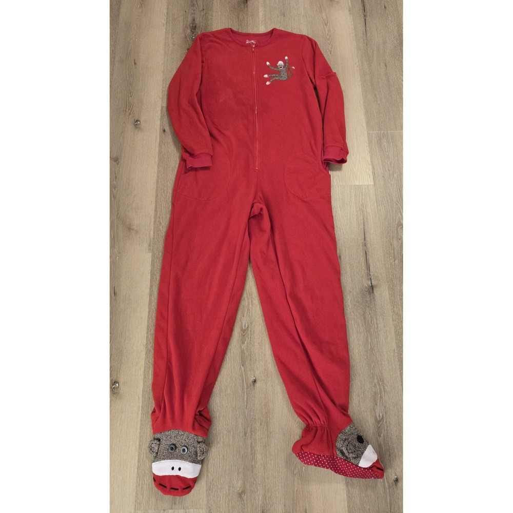 Nick & Nora Red Fleece Sock Monkey Footed Pajamas One Piece Union Suit Small